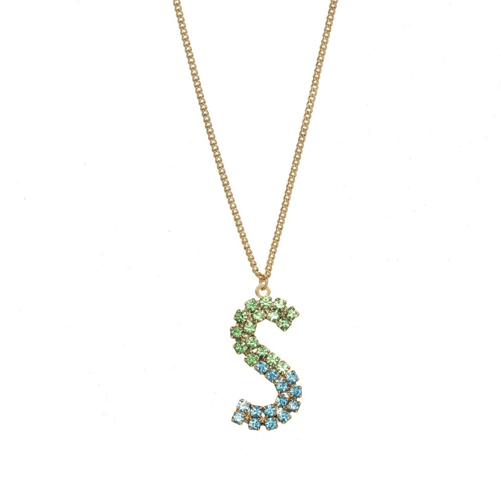New TOVA Mini Monogram Letter S Gold Tone Necklace Green & Blue Crystals & Pouch